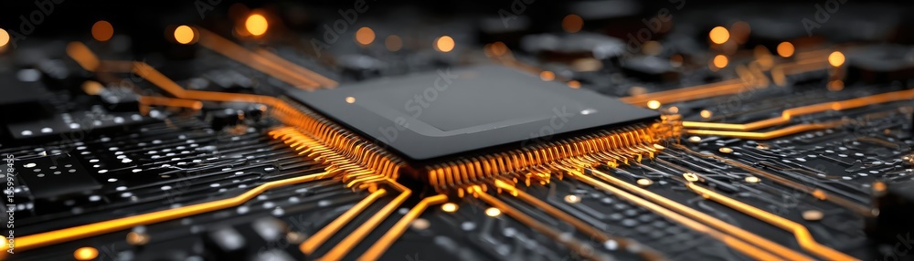 Aufkleber Adaptive chip and programmable integration concept. Close-up of a microchip with illuminated circuitry details.