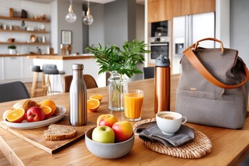 Modern kitchen table with breakfast and bag showcasing a healthy lifestyle
