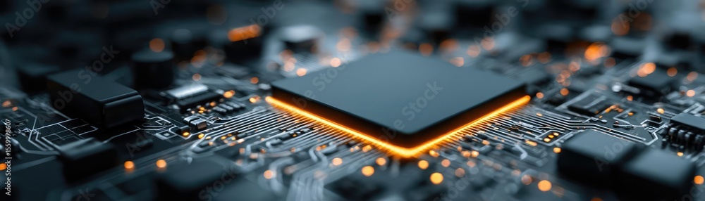Aufkleber Adaptive chip and programmable integration concept. Close-up view of a microchip on a printed circuit board.