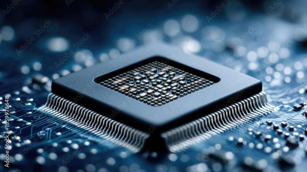 Poster Adaptive chip and programmable integration concept. Close-up of a microprocessor on a circuit board, showcasing technology.