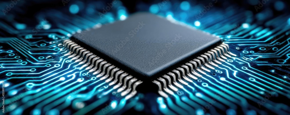 Aufkleber Adaptive chip and programmable integration concept. Close-up view of a microprocessor on a blue circuit board.