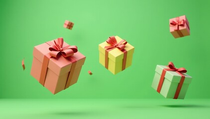 Multiple gift boxes and ribbons float in mid-air over a fresh green background , party, falling