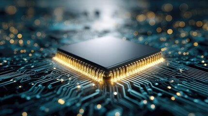 Adaptive chip and programmable integration concept. Close-up of a microchip on a circuit board with glowing connections.