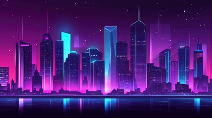 Neon city skyline at night, vibrant colors reflecting on water