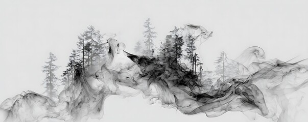 Monochrome ink wash painting depicting a mountainous landscape with trees and flowing mist on a white background