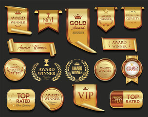 Golden luxury labels and badges gold premium quality certificate ribbons vector illustration