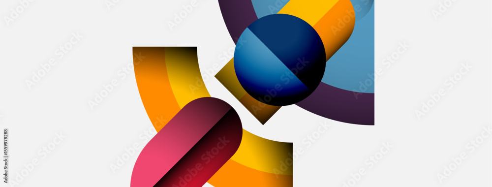 Aufkleber Abstract composition features overlapping colorful shapes. Curves, circles create dynamic visual interest against white background. Modern design.