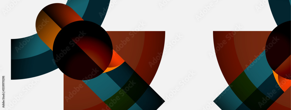 Poster Abstract geometric composition. Overlapping shapes create dynamic visual interest. Warm, cool colors blend seamlessly. Minimalist design.