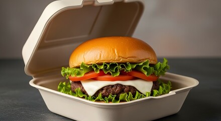 Hamburger in open eco friendly disposable food delivery container. Fresh burger with bun, patty, cheese, tomato, lettuce in takeout box. Fast food packaging.