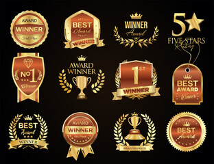 Golden luxury labels and badges gold premium quality certificate ribbons vector illustration