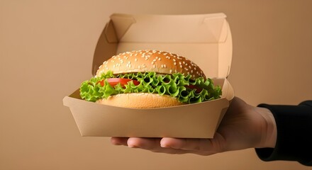 Hand holding a delicious hamburger in a disposable eco friendly box. Fast food packaging for delivery service or takeaway. Quick meal concept.