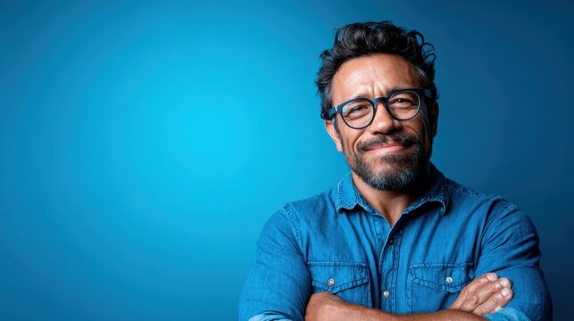A confident middle-aged man with charming glasses smiles warmly against a vibrant blue background, showing an expression of positivity and approachability in a modern setting.