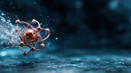An artistic representation of a copper atom surrounded by splashes of energy and light, visualizing the fundamental essence of matter and its dynamic presence in the universe.