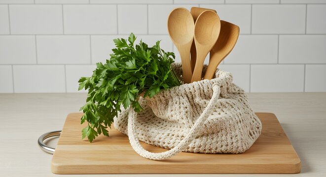Green parsley and wooden kitchen utensils in a reusable mesh bag on a cutting board, promoting eco-friendly cooking practices.