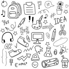 Back to school. Set of doodle school elements. School backpack, computer, pen, pencil, paper clips, formulas, strikethroughs, paints and brushes, brackets and other outline hand drawn school elements.