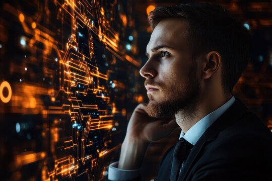 A portrait of a pensive businessman, his form interwoven with digital circuitry, symbolizing the fusion of human ingenuity, A reflective businessmans portrait merged with digital circuitry,