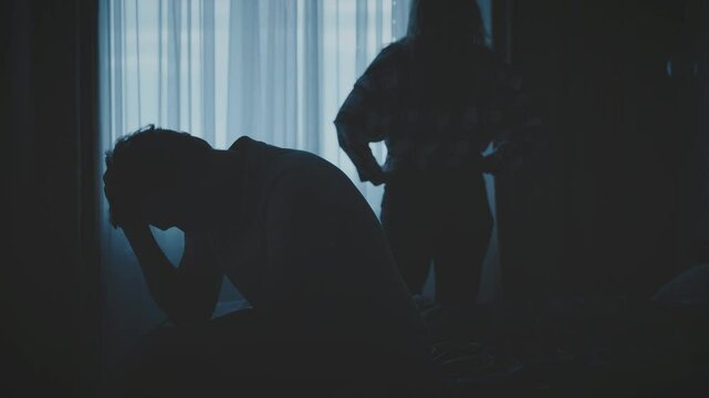 couple quarreling concept of family relationship problems divorce, black silhouette man sitting at bed woman looking at window resentment towards each other, dark room. guy and girl, betrayal cheated