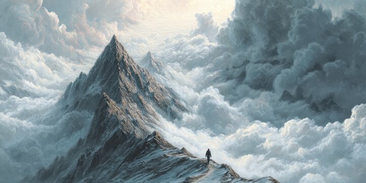 Dramatic mountaintop view, solitary figure, serene cloudscape. Ideal for adventure, travel, and fantasy projects. - Powered by Adobe