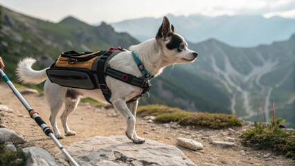 Adorable small dog wearing hiking backpack walking on rocky mountain trail during golden hour with scenic alpine landscape and autumn colors in background