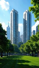 Towering SOMA buildings, lush green park, SF backdrop , metropolis, buildings
