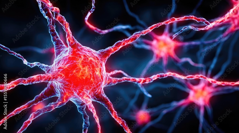 Poster Neuro logic for adaptive neuron and biological concept. Close-up view of vibrant neurons in a digital illustration.