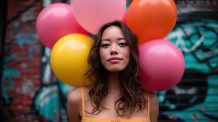 A portrait of a confident woman poses with vibrant balloons, surrounded by colorful street art, capturing the playful spirit of joy and creativity in an urban setting.