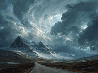 Dramatic winter landscape painting. Snowy mountains, winding road under a swirling sky. Ideal for travel, adventure, and nature themes.