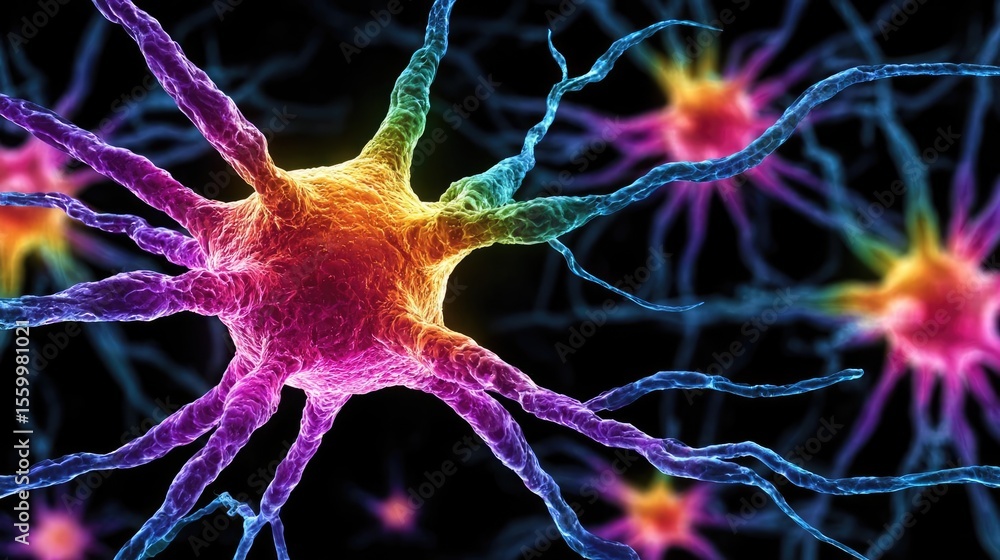 Aufkleber Neuro logic for adaptive neuron and biological concept. Colorful depiction of neurons showcasing neural connectivity.