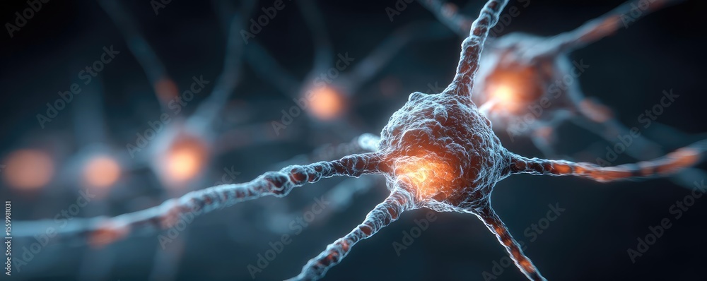 Aufkleber Neuro logic for adaptive neuron and biological concept. Close-up of neurons firing with glowing connections in a dark space.