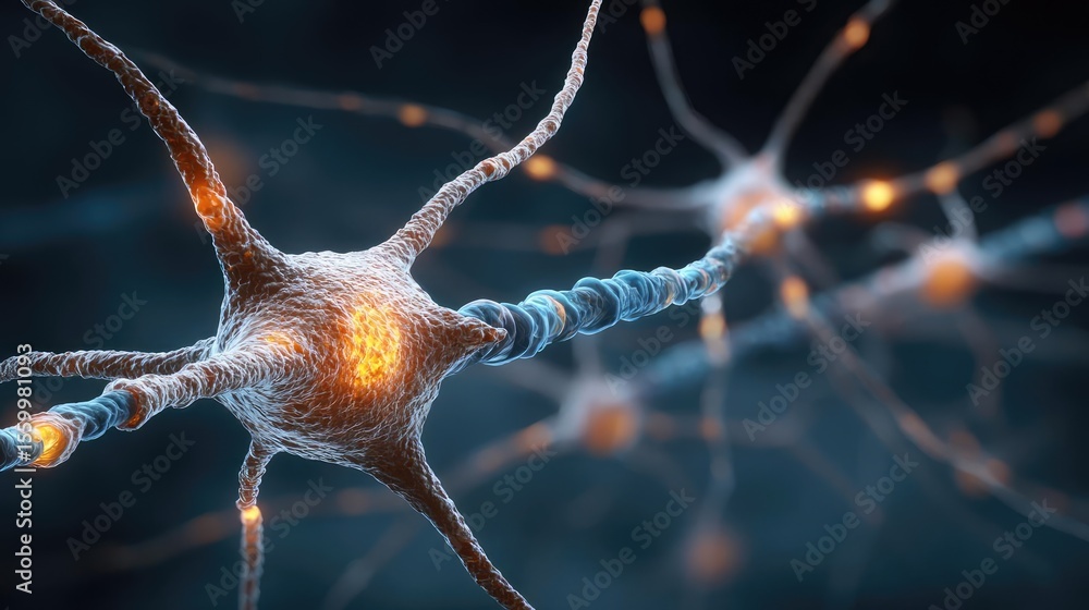 Aufkleber Neuro logic for adaptive neuron and biological concept. Close-up view of neurons with glowing connections illustrating activity.