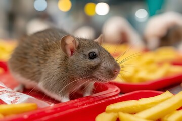 Unexpected Encounter: A curious rodent sniffs the air amid tempting golden fries. The image captures a moment of intrigue.