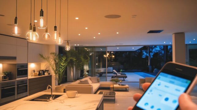 Smart home interior design.  Modern kitchen and living area with  smart lighting controlled by a phone - Powered by Adobe