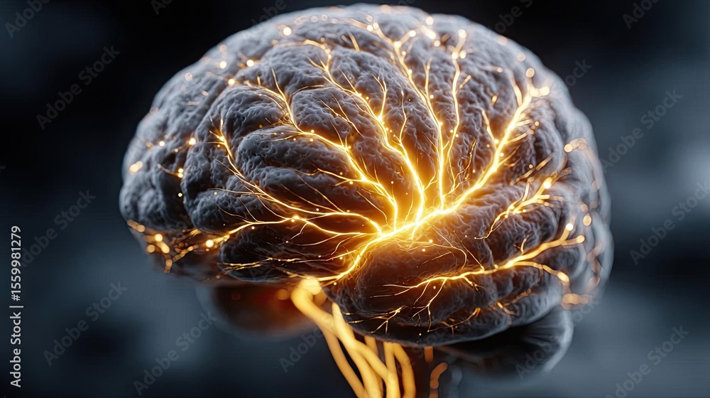 Aufkleber Cortex processor supports neuron activation process concept. A close-up view of a glowing human brain showcasing neural activity.
