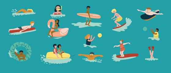 Diverse kids enjoying water activities: surfing, swimming, floating with friends.