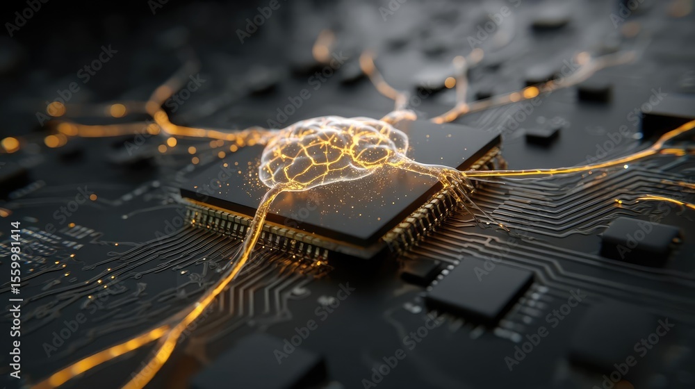 Poster Cortex processor supports neuron activation process concept. Close-up of a microchip with glowing connections and circuitry.