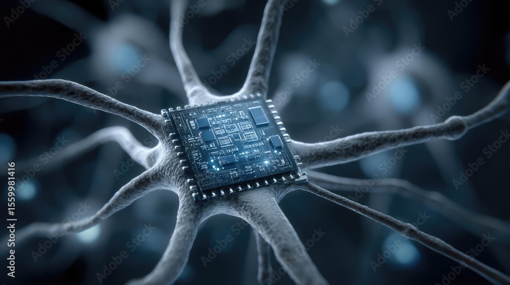 Aufkleber Cortex processor supports neuron activation process concept. A close-up view of a microchip interconnected with neurons.