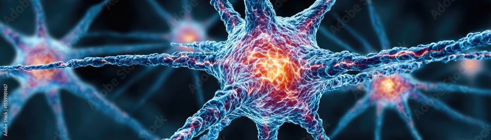 Aufkleber Cortex processor supports neuron activation process concept. Detailed microscopic view of glowing neurons in vibrant colors.