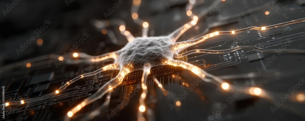 Aufkleber Cortex processor supports neuron activation process concept. Abstract neural network with glowing connections on dark background.