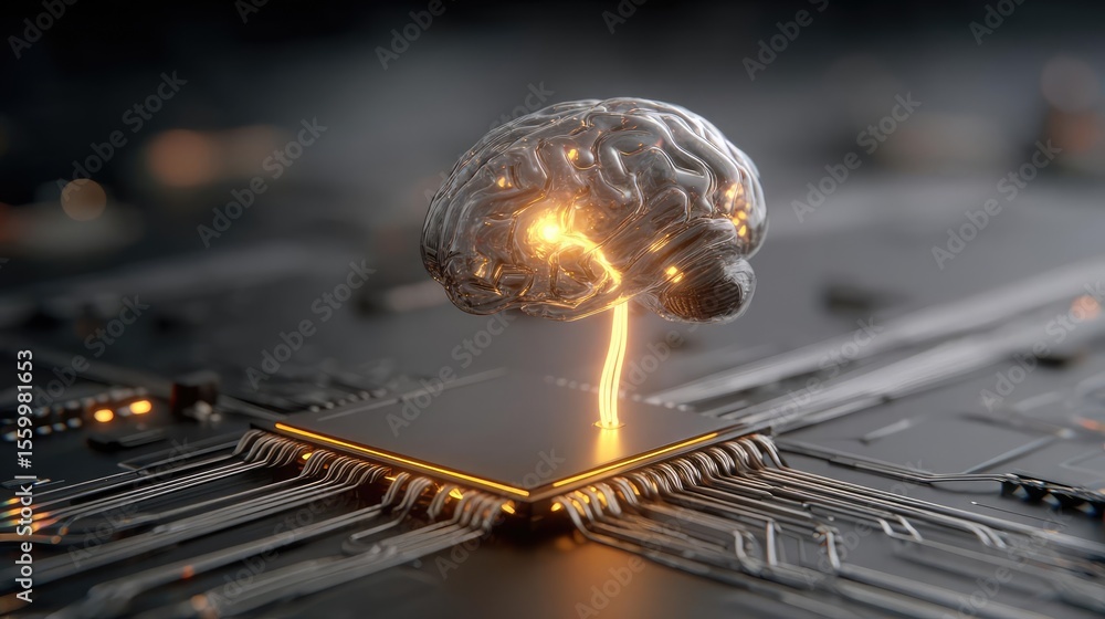 Aufkleber Cortex processor supports neuron activation process concept. A futuristic depiction of a brain connected to a circuit board.