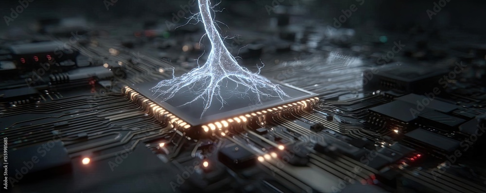 Aufkleber Cortex processor supports neuron activation process concept. Futuristic circuit board with electric pulses and connections.