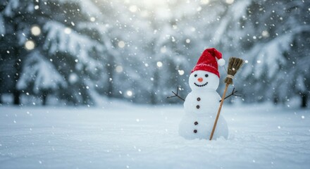 Obraz premium Snowman Standing in Snowy Winter Forest During Snowfall