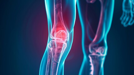 Focused medical X-ray scan with red pain highlight on thigh, minimalistic background 