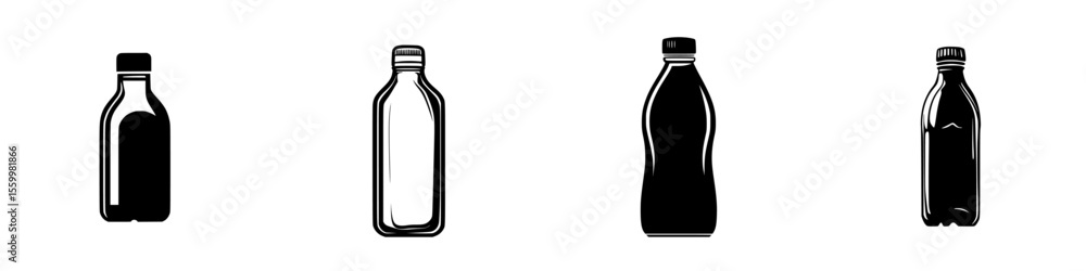 Poster collection of silhouette pictograms of beverage bottles in various shapes and sizes for design use