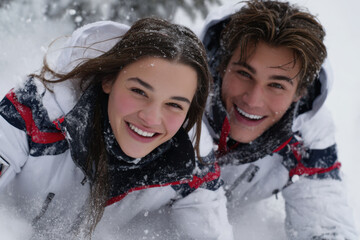 Joyful winter fun in the snow with friends during a sunny afternoon outdoors