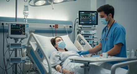 Patient in medical mask receiving intensive care after surgery and monitoring in hospital bed, healthcare and first aid concept