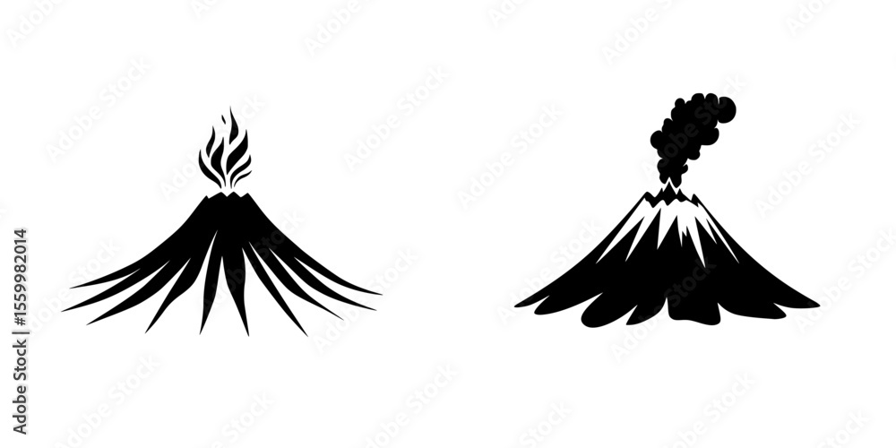 Poster vector icons set representing volcanic activity with distinctive silhouettes of erupting mountains
