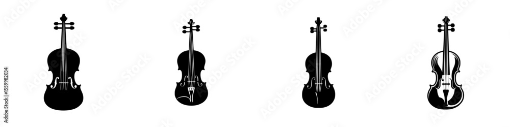 Poster silhouette pictograms of violins in various orientations showcasing the instrument's design and stru