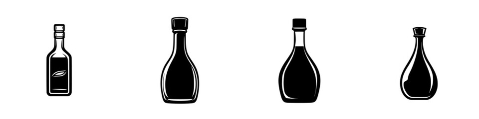 Silhouette pictogram of various bottle shapes representing different types of liquids for design use in graphics and branding