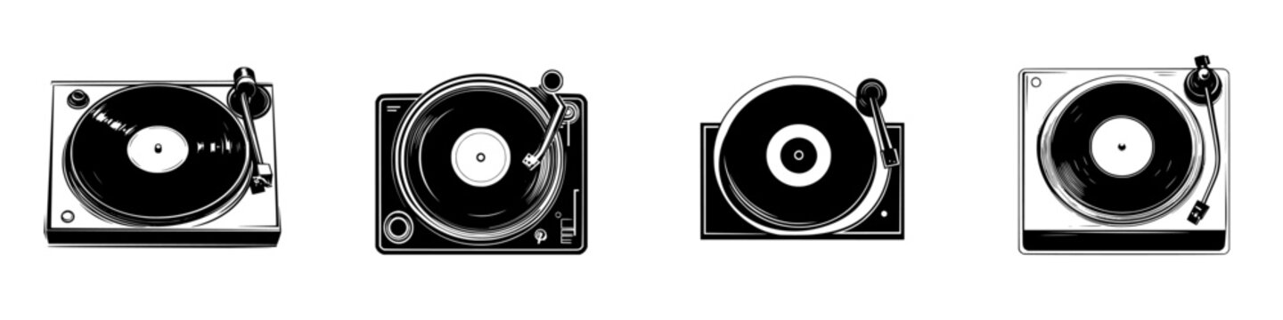 Silhouette pictograms of turntables with vinyl records showcasing vintage audio equipment collection views