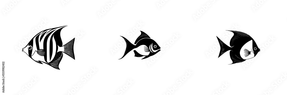 Aufkleber silhouette pictogram set featuring various styles of fish shaped icons for use in design projects or
